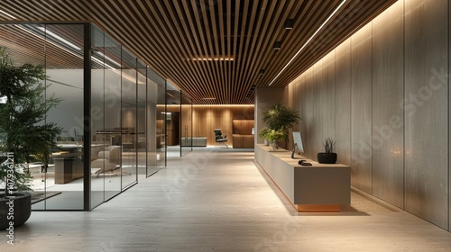 Modern office reception area with wooden ceiling, glass walls, and plants.