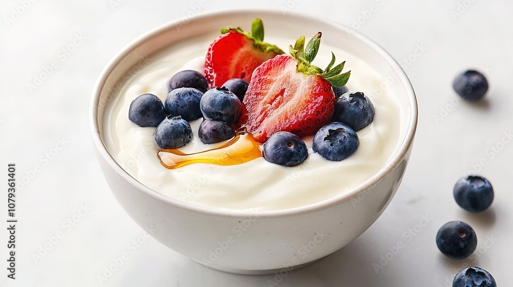 Organic yogurt bowl with fresh strawberries, blueberries Organic yogurt bowl with fresh strawberries, blueberries