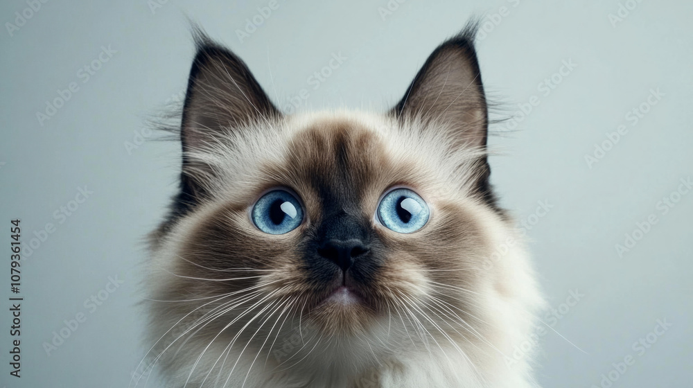 A curious cat with striking blue eyes gazes directly at the camera indoors A curious cat with striking blue eyes gazes directly at the camera indoors