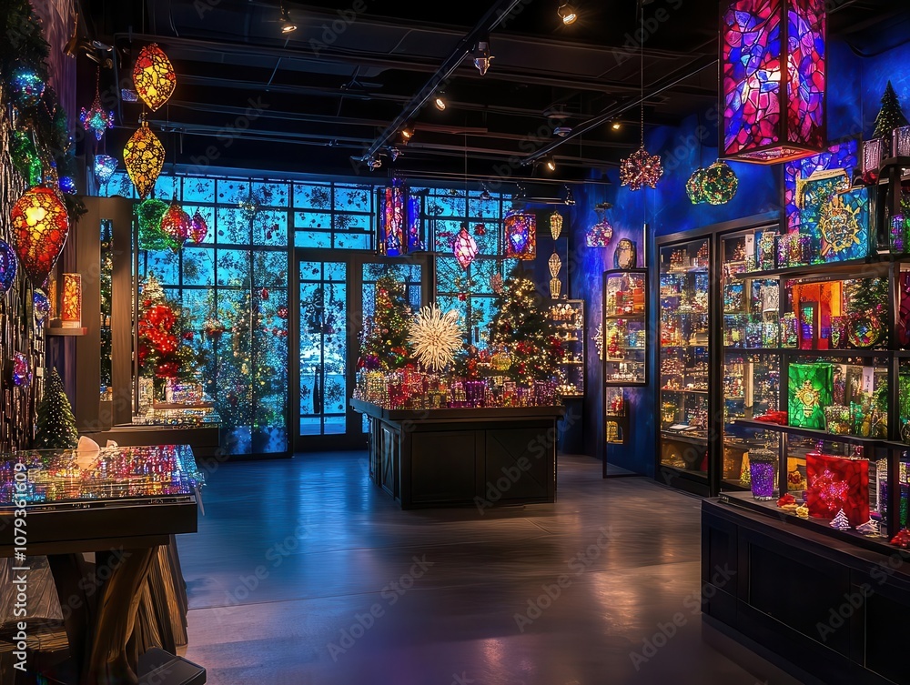 Winter holiday gift shop with vibrant displays, soft lighting, dynamic movement Winter holiday gift shop with vibrant displays, soft lighting, dynamic movement