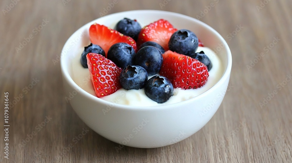 Organic yogurt bowl with fresh strawberries, blueberries Organic yogurt bowl with fresh strawberries, blueberries