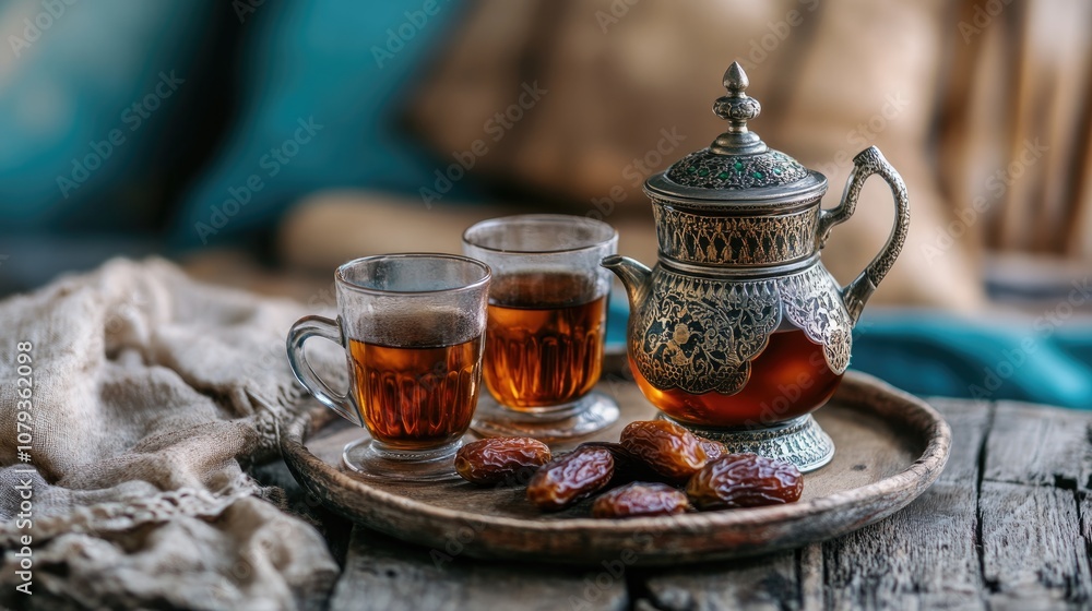 Arabic tea set accompanied by dried dates Arabic tea set accompanied by dried dates