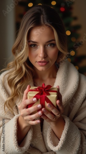 	
Love-Filled Surprise. Woman in a Robe Presenting a Christmas Gift with Emotion photo