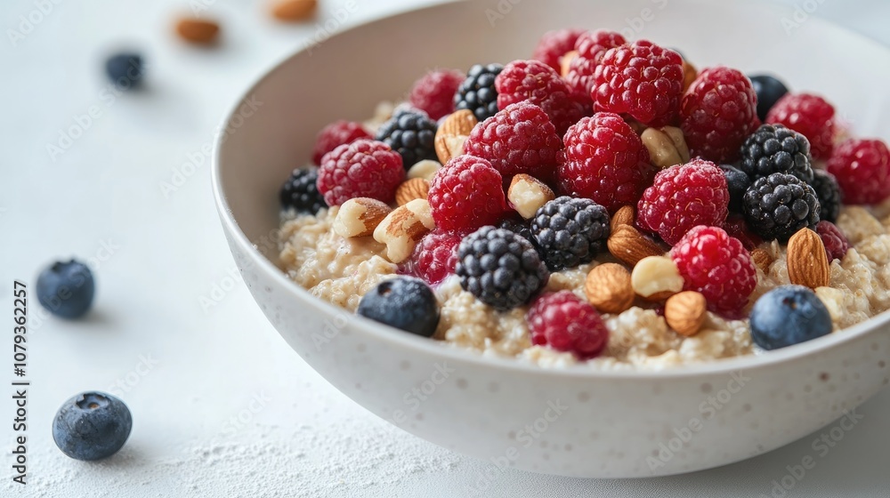 Bowl of oatmeal porridge topped with a mix of berries and nuts on a white table A nutritious and healthy breakfast option Bowl of oatmeal porridge topped with a mix of berries and nuts on a white table A nutritious and healthy breakfast option