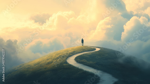  A solitary figure on a winding, arrow-shaped path climbs toward a serene sky, symbolizing ambition and growth. Career growth and personal development concept. photo