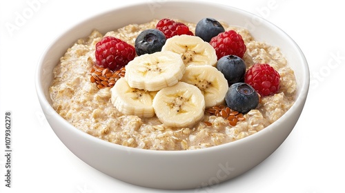 Oatmeal topped with sliced bananas, a handful of berries