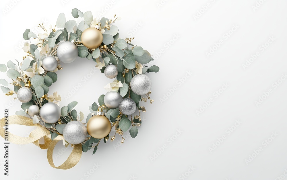 Elegant Wreath with Silver and Gold Ornaments: A modern holiday wreath featuring silver and gold ornaments, eucalyptus leaves, and a simple gold ribbon on a white background Elegant Wreath with Silver and Gold Ornaments: A modern holiday wreath featuring silver and gold ornaments, eucalyptus leaves, and a simple gold ribbon on a white background