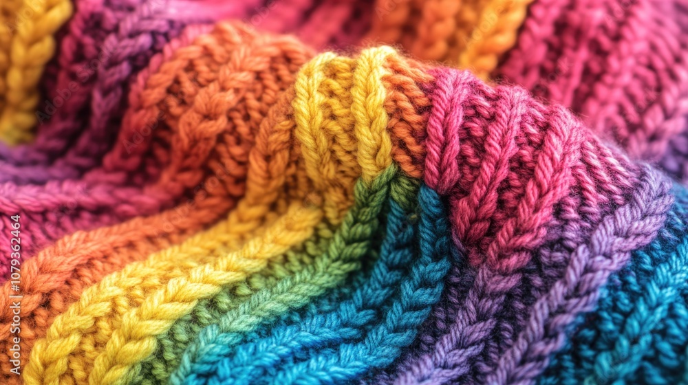 Close up of a handcrafted knit sweater featuring vibrant rainbow hues Close up of a handcrafted knit sweater featuring vibrant rainbow hues