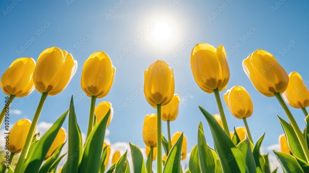 Obraz premium Vibrant yellow tulips set against a blue sky ideal for banners or postcard designs