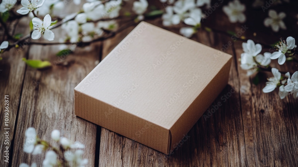 Plain cardboard box resting on a wooden surface alongside delicate white spring flowers Plain cardboard box resting on a wooden surface alongside delicate white spring flowers