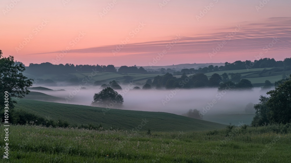 Fototapeta premium Serene Morning Landscape with Misty Hills and Gentle Sunlight Breaking Through the Fog
