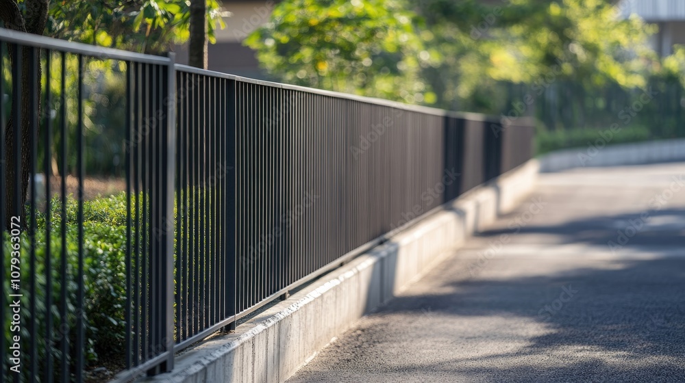 Precast concrete fencing alongside empty space on a paved road surface Precast concrete fencing alongside empty space on a paved road surface