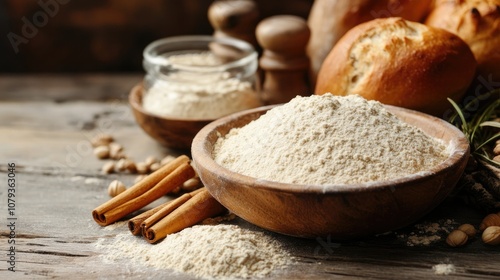 Fresh yeast and baking ingredients arranged on a wooden kitchen table ideal for making pizza or bread