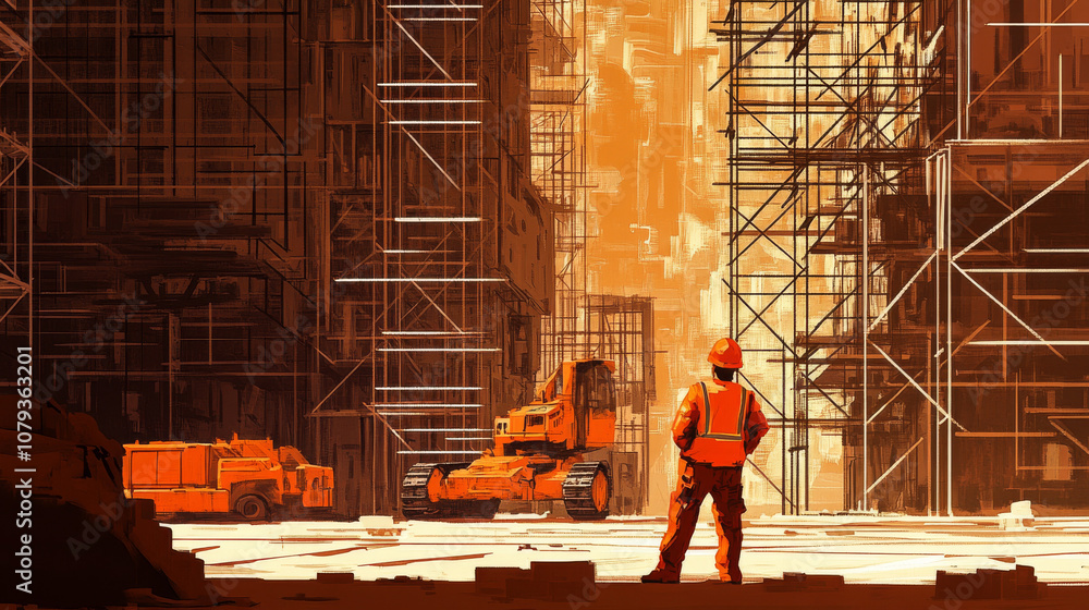Fototapeta premium A construction worker surrounded by scaffolding and heavy machinery, symbolizing progress