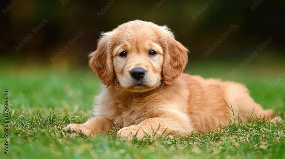 Golden retriever puppy resting on grass in a spacious green area