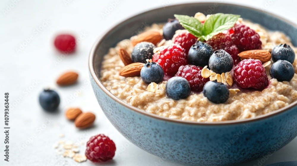 Bowl of oatmeal porridge topped with a mix of berries and nuts on a white table A nutritious and healthy breakfast option Bowl of oatmeal porridge topped with a mix of berries and nuts on a white table A nutritious and healthy breakfast option