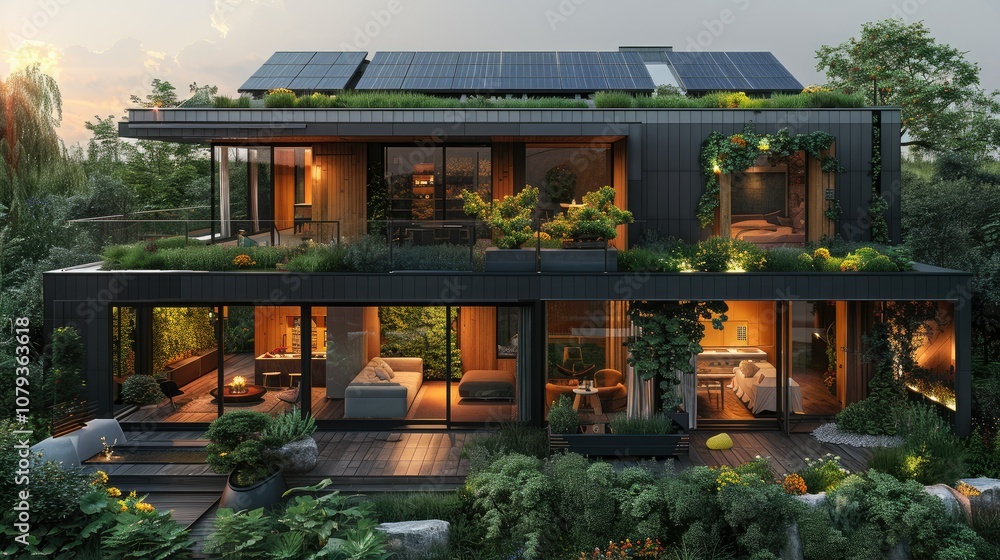 Modern sustainable home with green roof, solar panels, and lush landscaping. Modern sustainable home with green roof, solar panels, and lush landscaping.