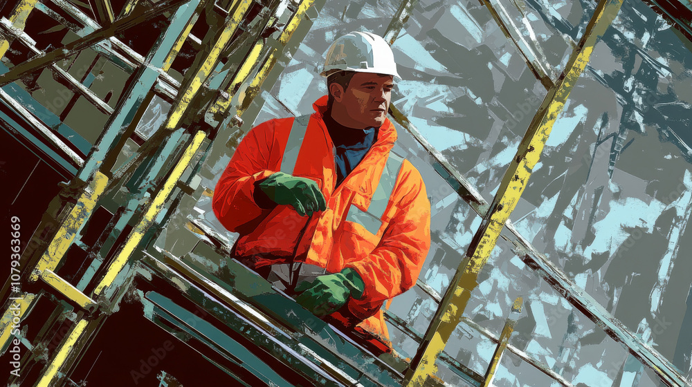 Fototapeta premium A construction worker surrounded by scaffolding and heavy machinery, symbolizing progress