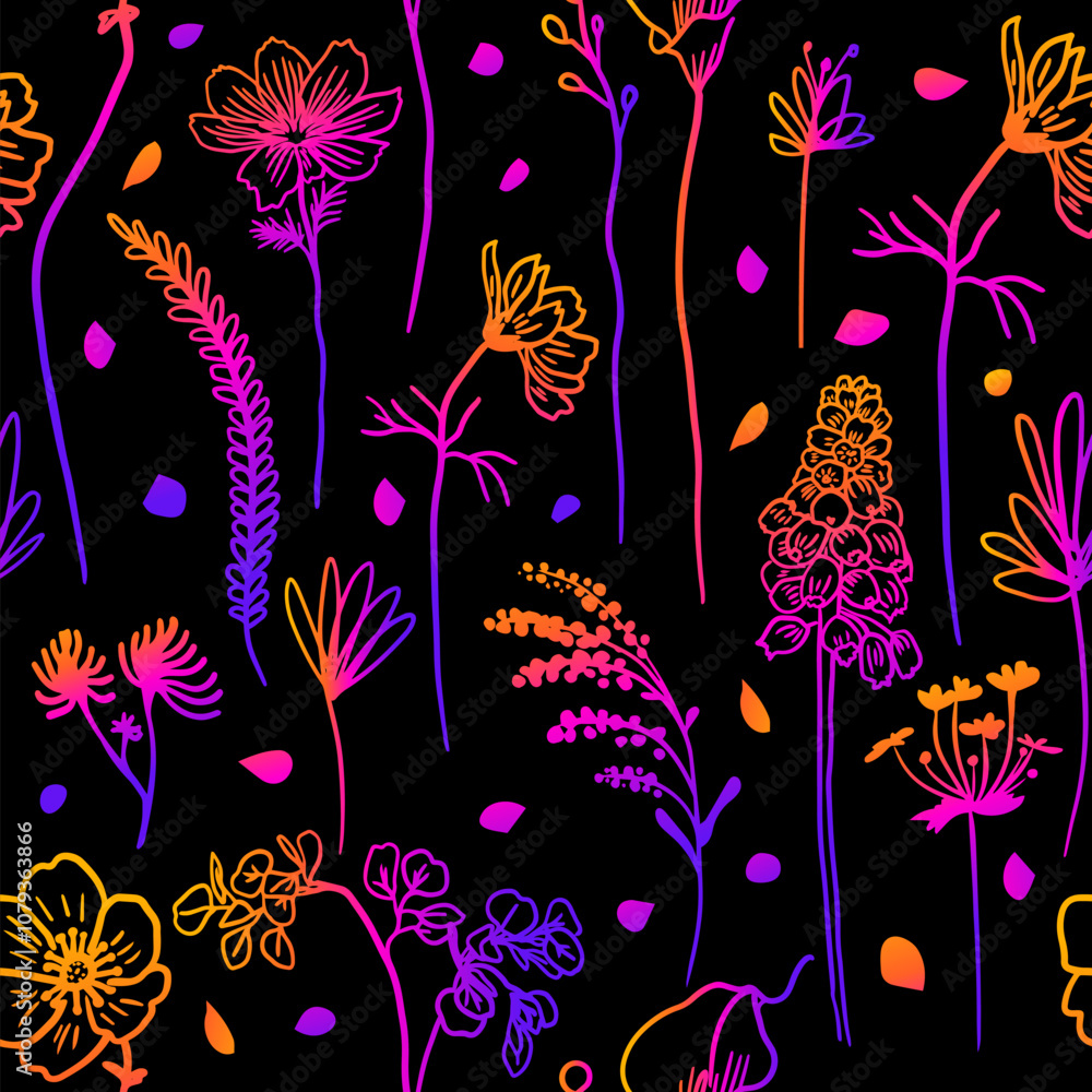 Obraz premium Flowers one line seamless dark background. hand drawing. Not AI, Vector illustration