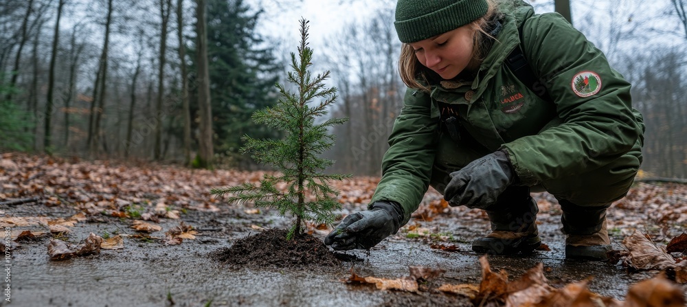 Female Forester Planting Small Pine Tree Sapling in Muddy Forest Ground, Sustainable Forestry Female Forester Planting Small Pine Tree Sapling in Muddy Forest Ground, Sustainable Forestry