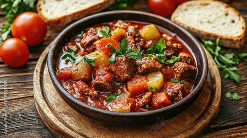 Beef Stew Served With Bread In A Plate On A Wooden Background