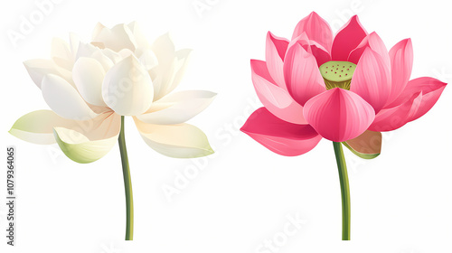 Bright pink and white lotus flower isolated on white background in a botanical illustration style. Botanical. Illustration