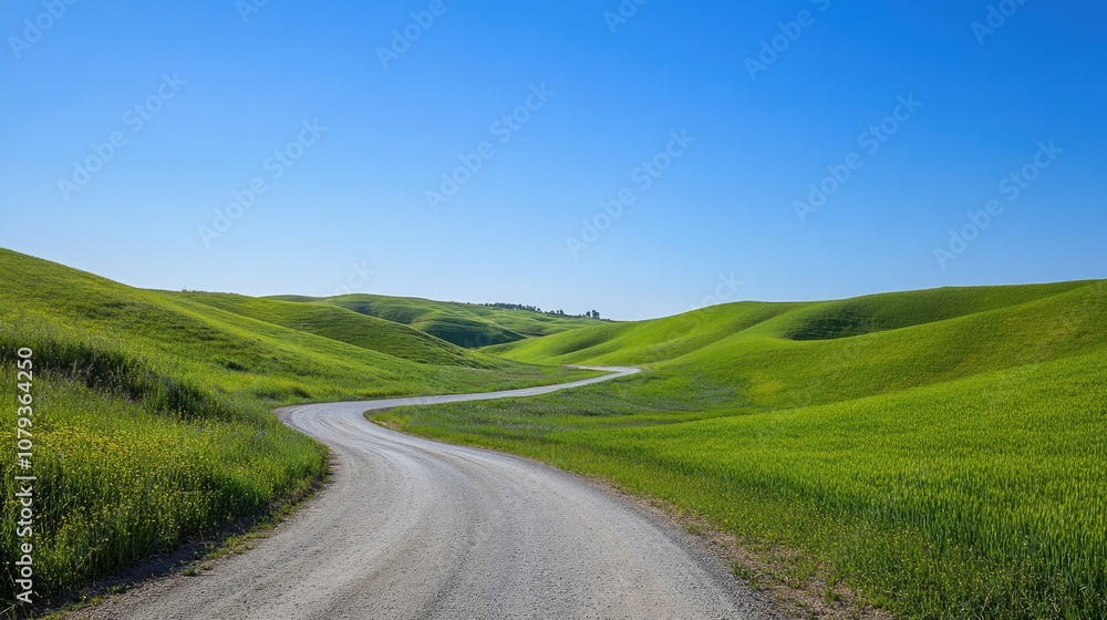 Expansive green hills extend toward the horizon featuring a meandering road that invites adventure under a clear blue sky Expansive green hills extend toward the horizon featuring a meandering road that invites adventure under a clear blue sky