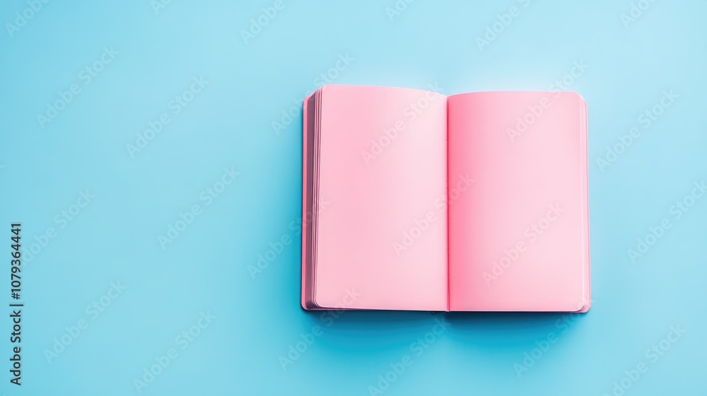 Open pink notebook on a blue pastel backdrop Concept of studying reading and relaxation Minimalist monochrome mockup Open pink notebook on a blue pastel backdrop Concept of studying reading and relaxation Minimalist monochrome mockup