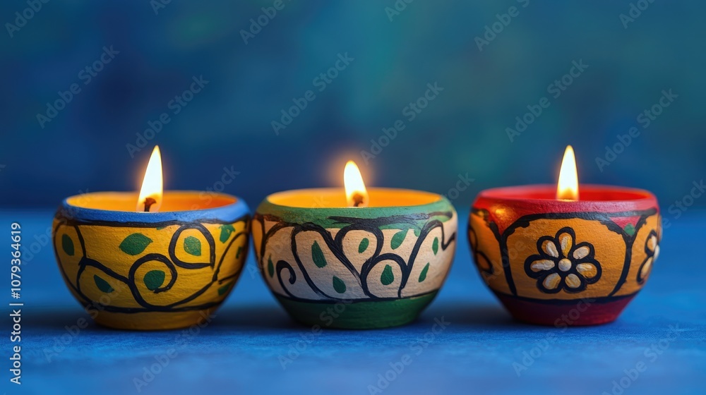 Three vibrant clay diya lamps illuminated against a blue backdrop ideal for festive celebrations Three vibrant clay diya lamps illuminated against a blue backdrop ideal for festive celebrations