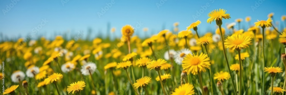 Vibrant field of dandelions under a clear blue sky, summertime, sunny Vibrant field of dandelions under a clear blue sky, summertime, sunny