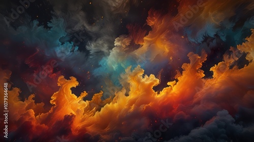 Abstract painting with swirling clouds of orange, blue, and gray with small flecks of gold.