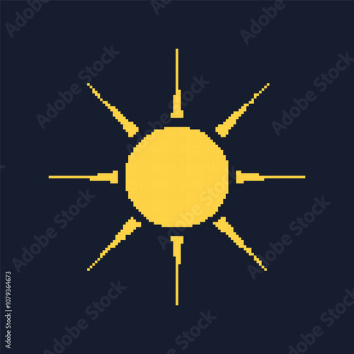 Yellow Pixel Sun Icon with Radiant Rays. Vintage Solar Symbol for Sunny Days. Isolated Vector Illustration