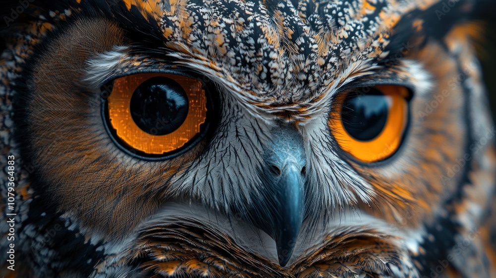 Close-up portrait of a wild owl with large, bright orange eyes, showcasing intricate feather patterns and a sharp beak. Close-up portrait of a wild owl with large, bright orange eyes, showcasing intricate feather patterns and a sharp beak.