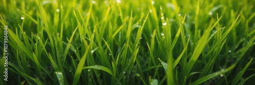 Vibrant green grass background with dew drops, flora, grass