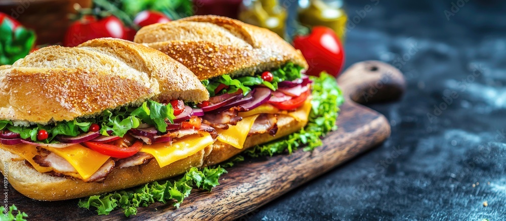 Delicious Sandwich With Cheddar Meat And Salad On Cutting Board Studio Photo Delicious Sandwich With Cheddar Meat And Salad On Cutting Board Studio Photo