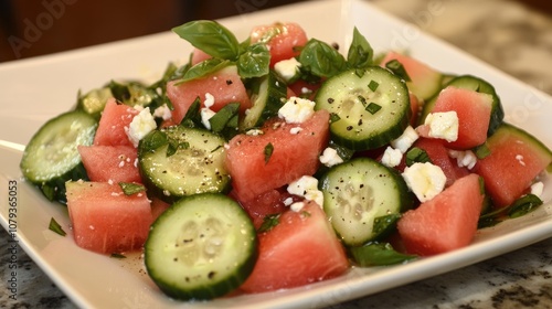 Refreshing cucumber and feta salad paired with sweet watermelon and fragrant basil a delicious treat perfect for summer enjoyment