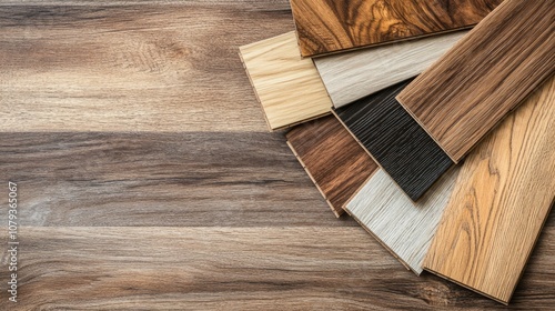 Variety of square wood laminate floor samples and vinyl tiles showcasing natural oak hues against a wooden backdrop