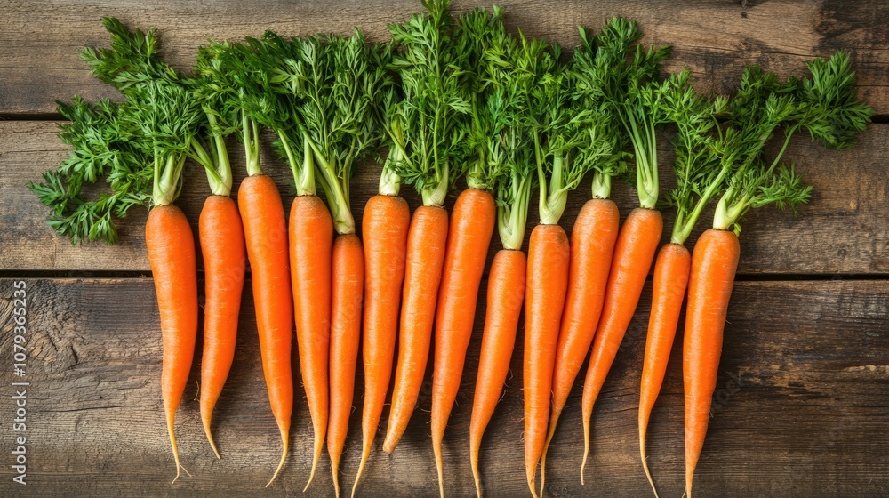 Fresh carrots arranged on a wooden surface Fresh carrots arranged on a wooden surface