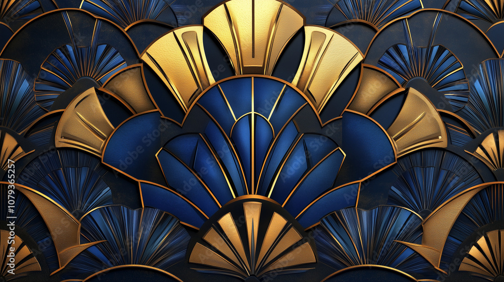 Fond Art Déco avec Motifs Géométriques en Bleu, Noir et Doré Fond Art Déco avec Motifs Géométriques en Bleu, Noir et Doré