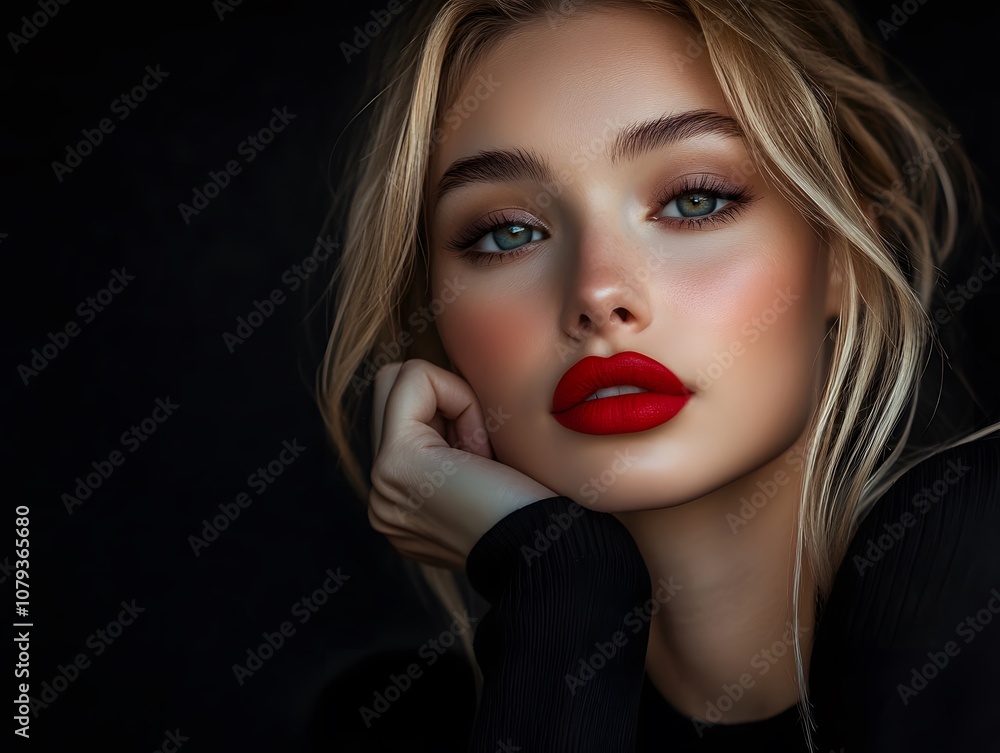 A woman with red lips and blonde hair posing for a picture A woman with red lips and blonde hair posing for a picture