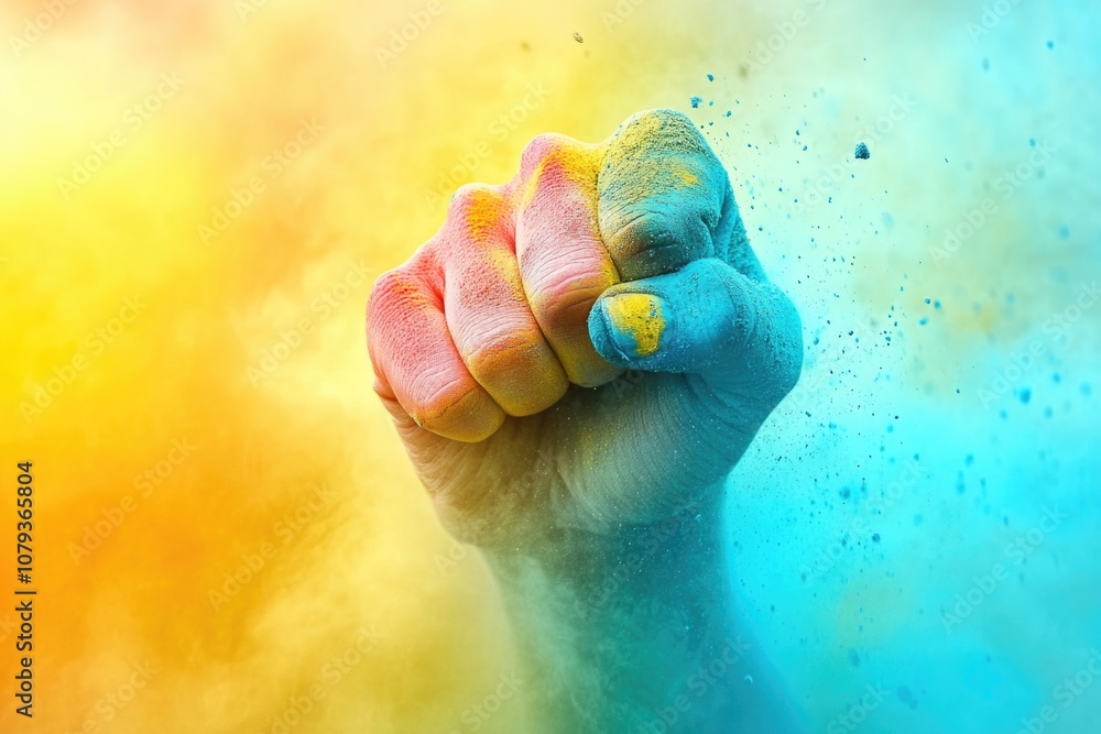 Fototapeta premium Dynamic color explosion: human hand fist expressing power and energy amidst vibrant cloud