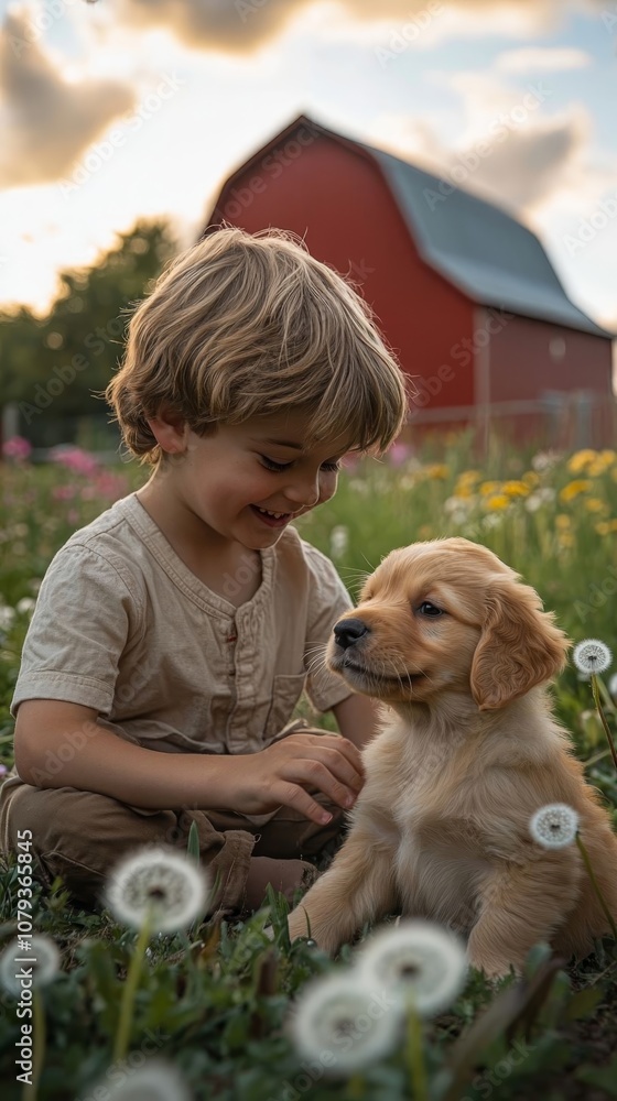 A boy enjoys time with his puppy. A boy enjoys time with his puppy.