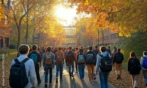 Students Walking Through a University Campus in the Autumn