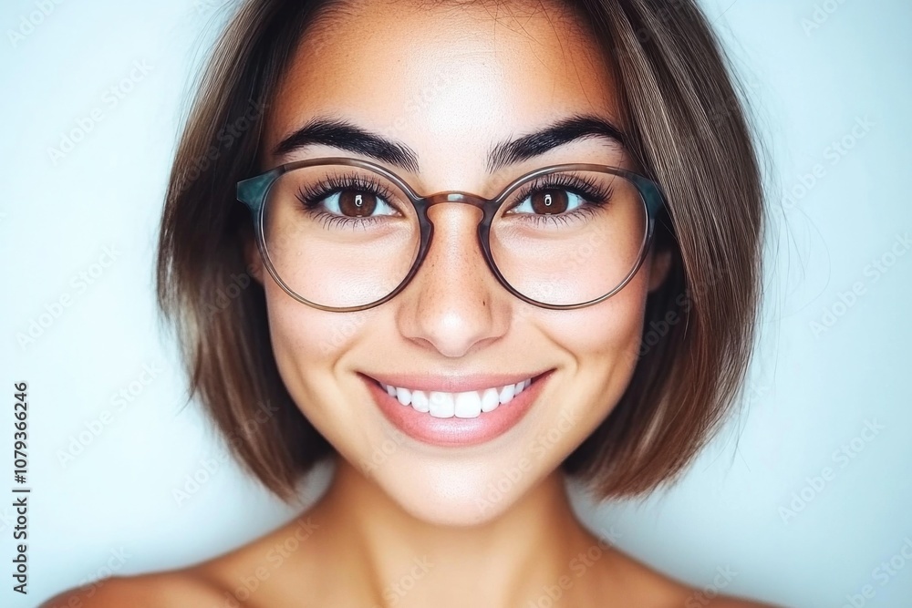 Bright smile portrait of a woman with glasses and short hair Bright smile portrait of a woman with glasses and short hair