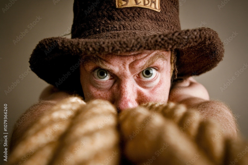Intense tug of war with determined man in brown hat and gloves Intense tug of war with determined man in brown hat and gloves