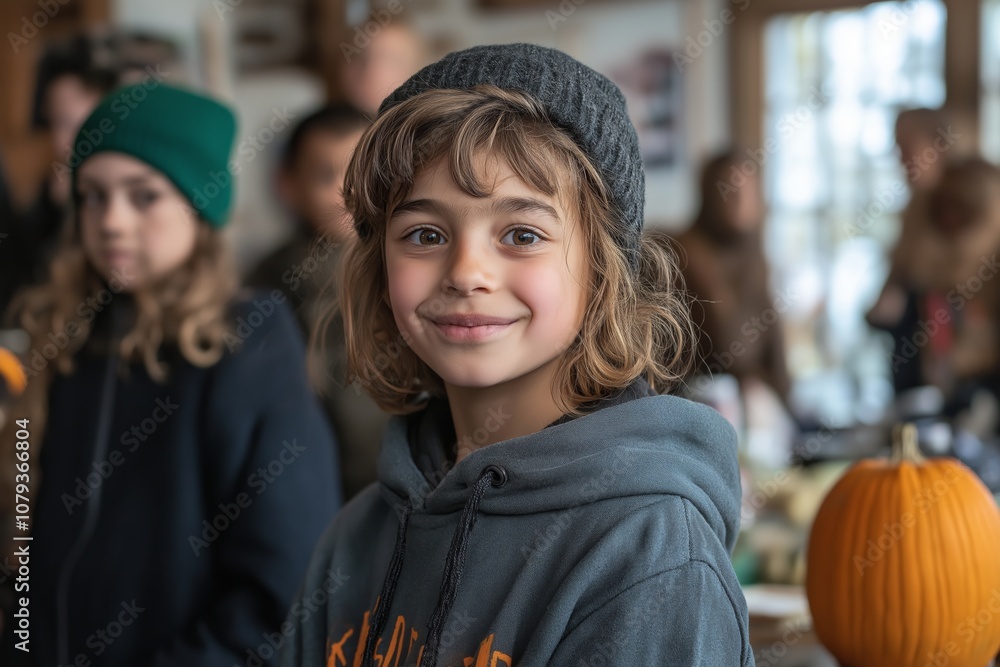 A young child with curly hair and a beanie smiles at a hobby club gathering with other kids in a cozy indoor setting A young child with curly hair and a beanie smiles at a hobby club gathering with other kids in a cozy indoor setting