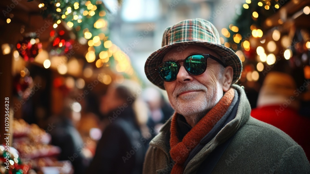 A cheerful man in sunglasses and a hat stands at a holiday market, filled with festive lights and decorations, enjoying the cheerful atmosphere. A cheerful man in sunglasses and a hat stands at a holiday market, filled with festive lights and decorations, enjoying the cheerful atmosphere.