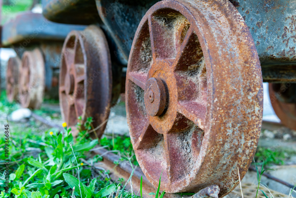 Wheel of an abandoned rusty mining wagon. Concept old style, vintage, rust metal, old school with copy space. Closeup view. High quality photo Wheel of an abandoned rusty mining wagon. Concept old style, vintage, rust metal, old school with copy space. Closeup view. High quality photo
