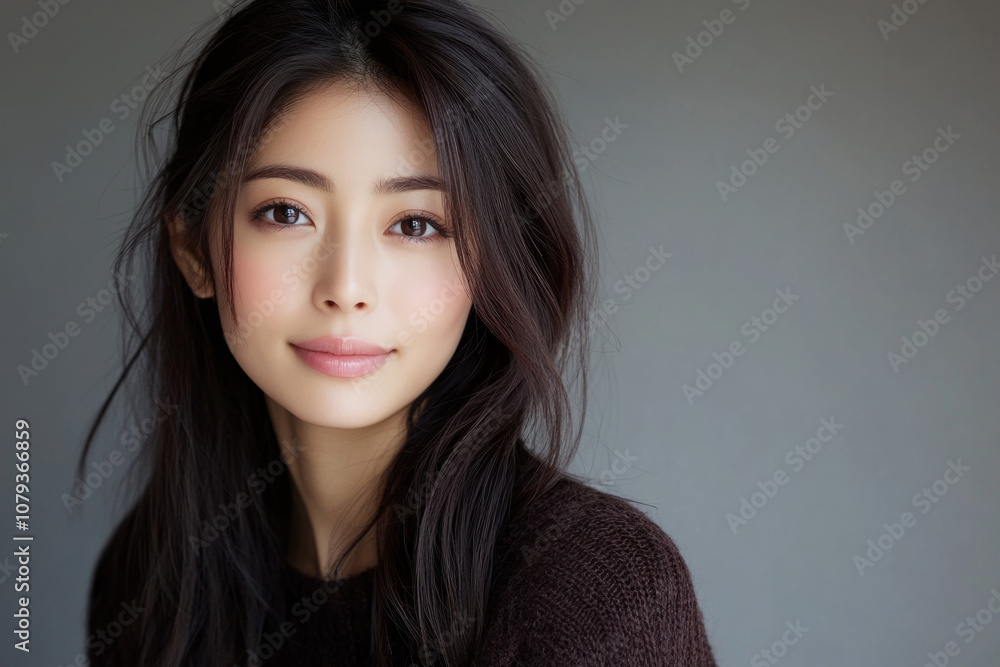 Fototapeta premium Young woman with long hair and soft smile posing against a simple background