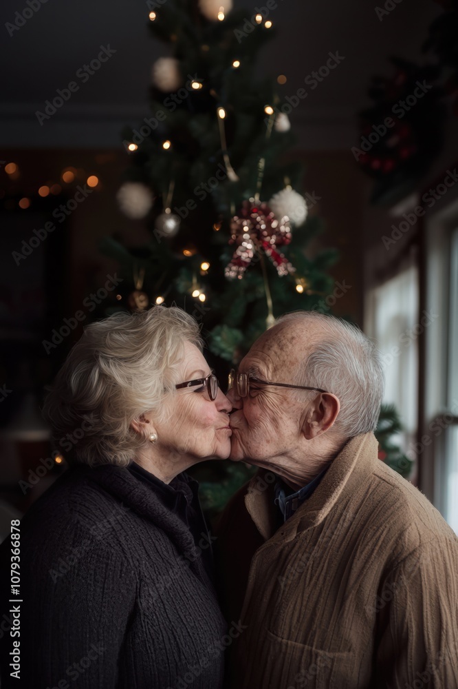 A couple kissing in front of a Christmas tree A couple kissing in front of a Christmas tree